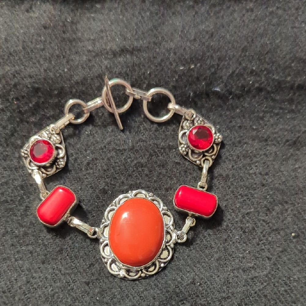 Silver Plated Red Coral Orange Agate Gemstone Funky Statement Bracelet